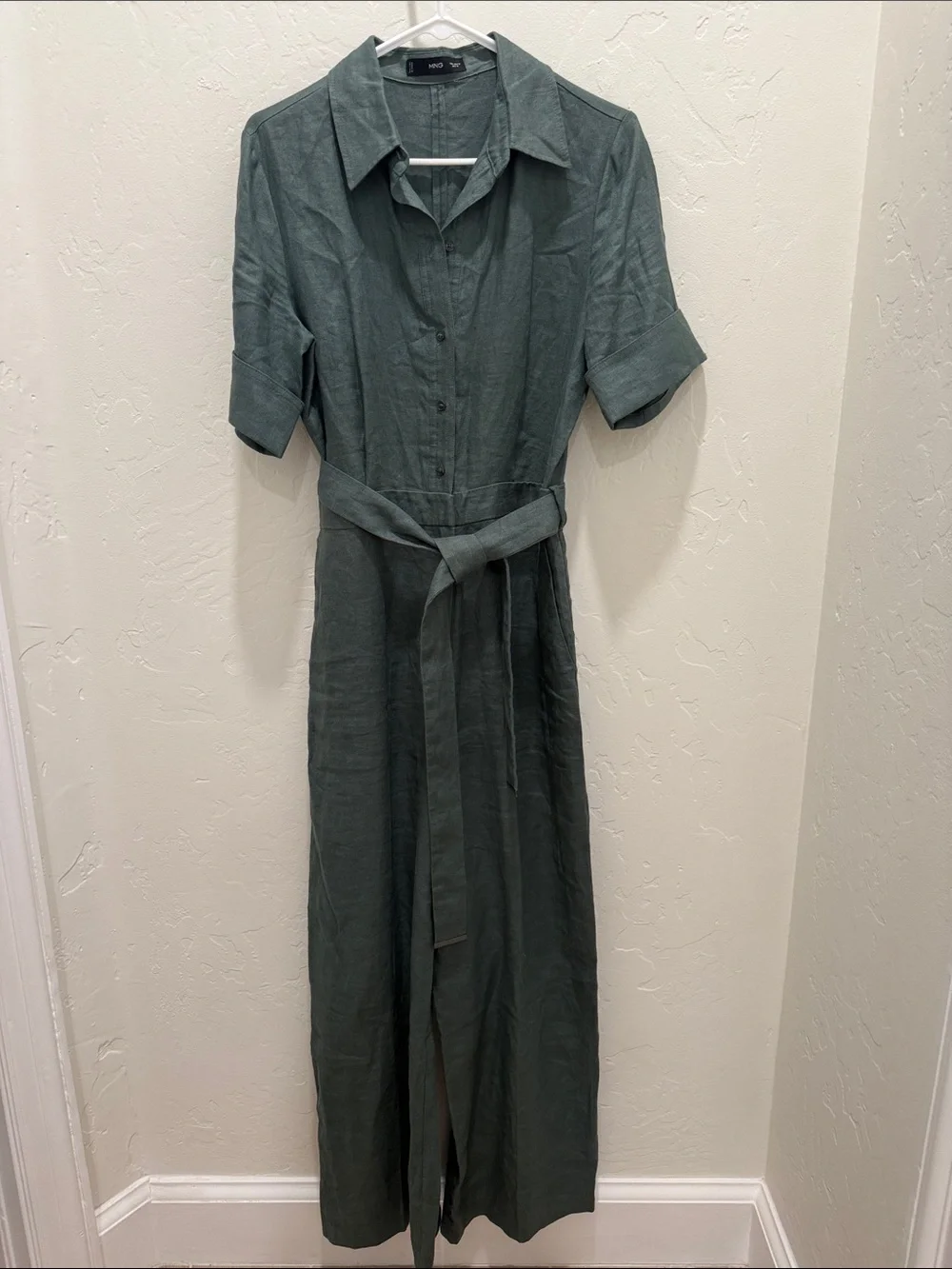 Mango MNG Sage Green Linen Belted Jumpsuit Size Medium